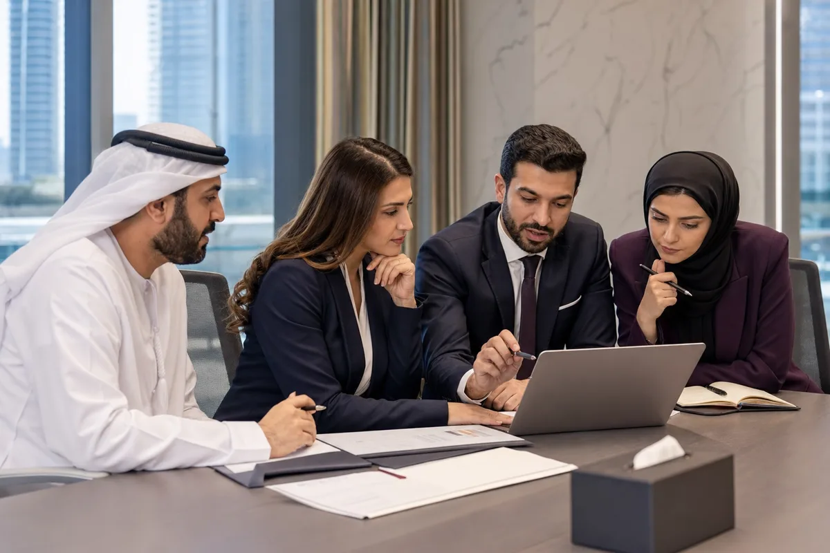 A multidisciplinary UAE team discussing a shared compliance plan