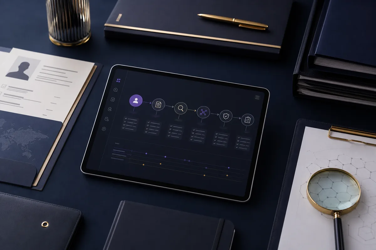 A structured AML workflow shown across due-diligence documents and a secure risk dashboard